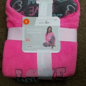 Micro fleece pajama set. Pink top grey bottoms with love all over.